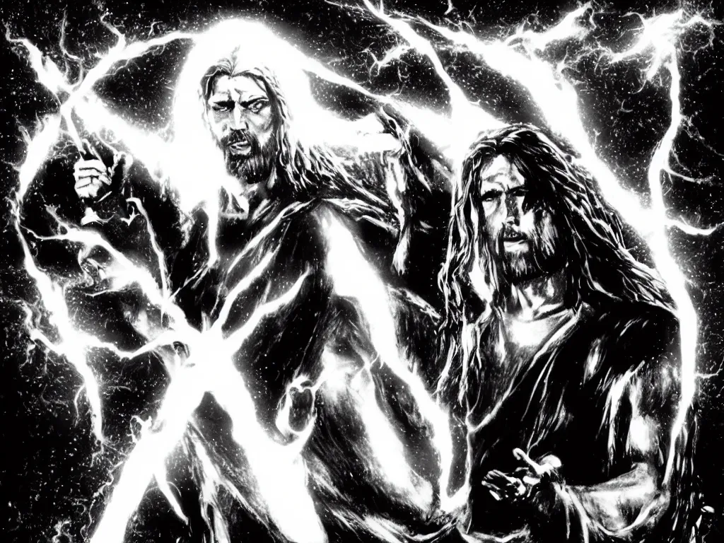 Prompt: jesus christ as a superhero with long hair and white eyes floating above the water shooting lightning out of his hands, sin city, full shot, graphic novel, symmetrical, frontal,