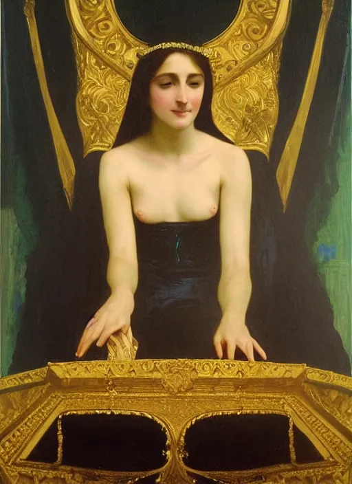 Image similar to oil painting of portait Queen of Ecstasy in a large throne room, Hungarian, by Bouguereau, by Georgia o Keeffe, by Georges Moreau
