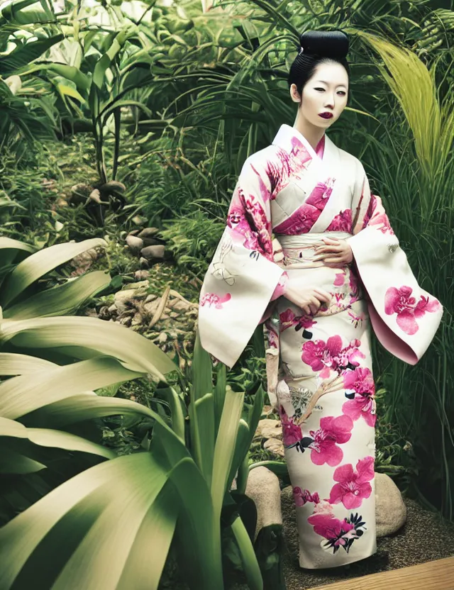 Prompt: fashion photograph of a beautiful Japanese woman wearing a traditional kimono in a tropical orchids greenhouse, by Annie Leibowitz, by Alessio Albi, extremely detailed, large format camera, Fuji Provia film, 85mm lens, bokeh, bokeh, blurred background, photorealistic, trending on instagram, trending on artstation