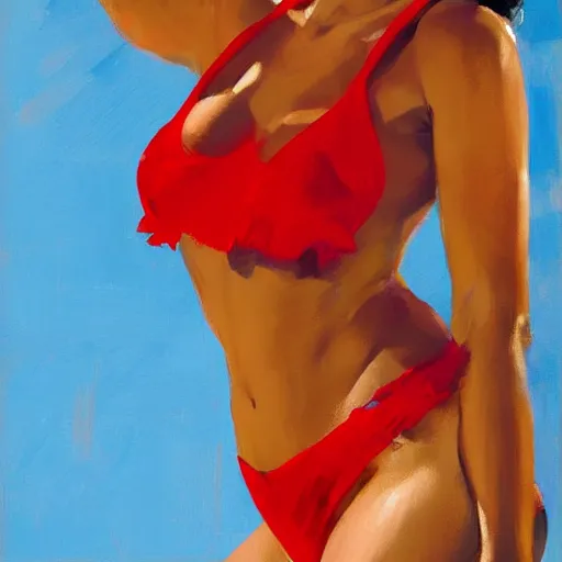 Prompt: pinupiza brazillian singer in a red bikini thong, artwork by greg manchess, medium shot, asymmetrical, organic painting, sunny day, matte painting, bold shapes, hard edges, street art, trending on artstation, by huang guangjian and gil elvgren and sachin teng