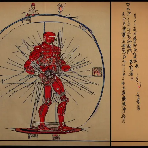 Image similar to a brilliantly colored Japanese scroll of an exploded diagram of a detailed engineering schematic of a cyborg samurai made by an AI in the pose vitruvian man in the style of jean giraud , post-processing , award winning, photo realistic, aged blood stains