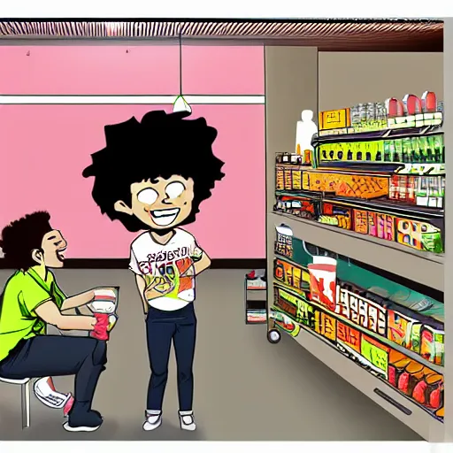 Image similar to teens visiting groceries store artwork by z toon comics