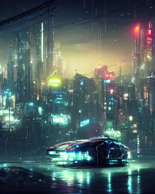 Image similar to cyberpunk vehicle above a city, scifi, futuristic, neon light, highly detailed, concept art, sharp focus, trending on artstation, intricate, atmosphere, raining, art by roman makarenko, dzung phung dinh