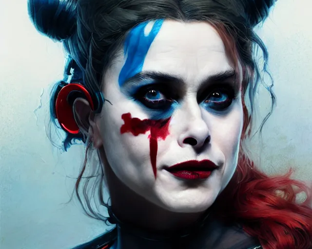 Image similar to highly detailed portrait of helena bonham carter as harley quinn, in injustice 2, stephen bliss, unreal engine, fantasy art by greg rutkowski, loish, rhads, ferdinand knab, makoto shinkai and lois van baarle, ilya kuvshinov, rossdraws, tom bagshaw, global illumination, radiant light, detailed and intricate environment