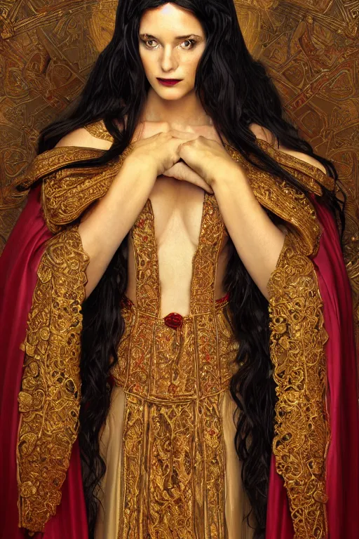 Image similar to Portrait of historically accurate, ancient biblical, sultry, sneering, evil, pagan, wicked, young queen jezebel, wearing gilded red robes, long black hair, intricate, elegant, highly detailed, digital painting, artstation, concept art, smooth, sharp focus, illustration, art by artgerm and greg rutkowski and alphonse mucha and andrei riabovitchev