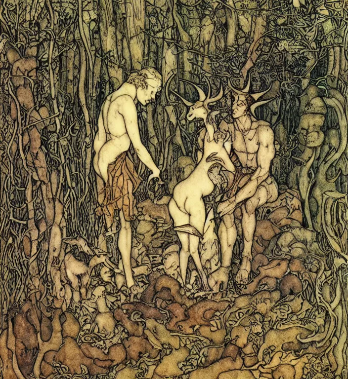 Image similar to person in the forest with a goat and a robot by Ivan Bilibin, Austin Osman Spare, Arthur Rackham, Vania Zouravliov, Norman Rockwell, high quality, ultra detailed