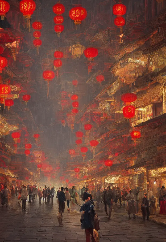 Image similar to epic scenery of a shopping street in the Chinese imperial city, intricate, elegant, volumetric lighting, digital painting, highly detailed, artstation, sharp focus, illustration, concept art, ruan jia, steve mccurry