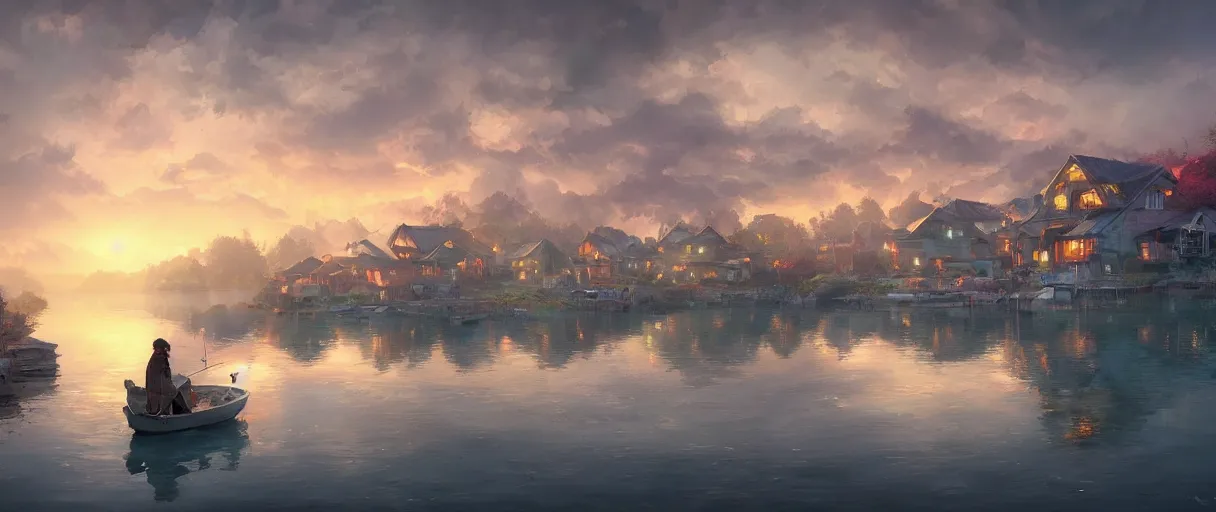 Prompt: fishing village crowded with houses around a lake, concept art, digital painting, style of jordan grimmer, warm lighting, futuristic, volumetric lighting, view from below, vivid colours, bright, daytime, godrays, high detail