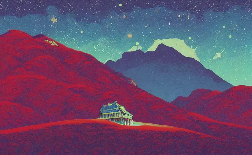 Prompt: mountains, stars and paisley filled sky, artstation, intricate, highly detailed, digital painting, concept art, sharp focus, illustration by Edward Hopper and Kilian Eng