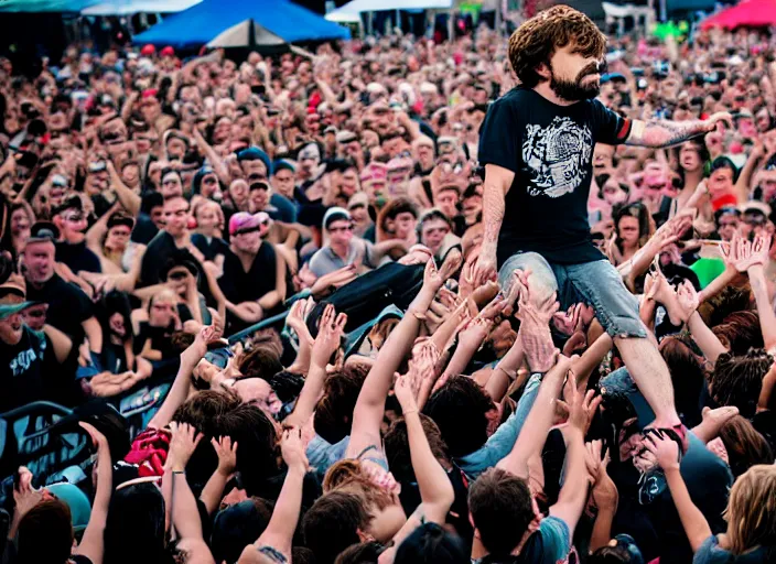 Image similar to photo still of peter dinklage at the vans warped tour!!!!!!!! at age 3 6 years old 3 6 years of age!!!!!!!! stage diving into the crowd, 8 k, 8 5 mm f 1. 8, studio lighting, rim light, right side key light