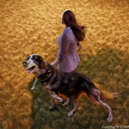 Prompt: ultra mega super hyper realistic Full lenght view contemporary art photography of highly detailed woman with highly detailed face walking with a highly detailed dog . Photo on Leica Q2 Camera lens angle 200mm, Rendered in VRAY and DaVinci Resolve and MAXWELL and LUMION 3D, Volumetric natural light