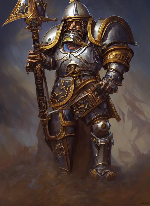 Image similar to John TotalBiscuit Bain dressed as a Warhammer 40k paladin, by Ivan Aivakovsky, by Boris Vallejo, epic fantasy character art, D&D Concept Art, full length, Realistic, Regal, Refined, Detailed Digital Art, Oil Paining, Exquisite detail, post-processing, masterpiece, Cinematic Lighting, Unreal Engine, 8k, HD