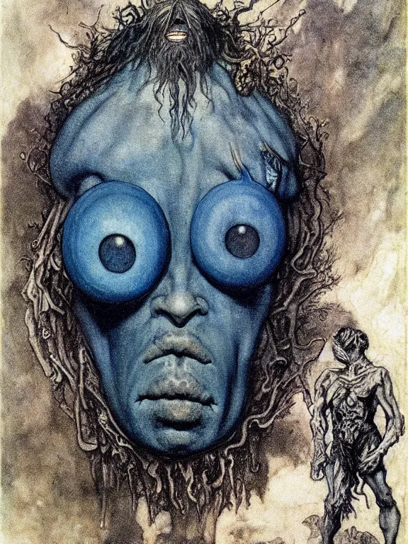 Image similar to one-eyed single-eyed blue-skinned big Cyclops Polyphemus concept art with one huge eye. Extremely high detail, details, realistic, solo, masterpiece, colorful, art by Arthur Rackham, Muzinabu, Johann Tischbein, Zdzisław Beksiński