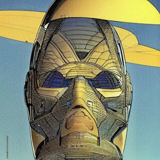 Image similar to Giant Spaceship in the shape of Jeff Bezos' head concept art by moebius, 1970s sci-fi illustration