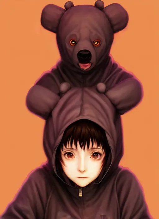 Prompt: a beautiful portrait painting of lain from serial experiments : lain wearing a bear onesie. character design by shinji aramaki, charlie bowater, ross tran, artgerm, and makoto shinkai