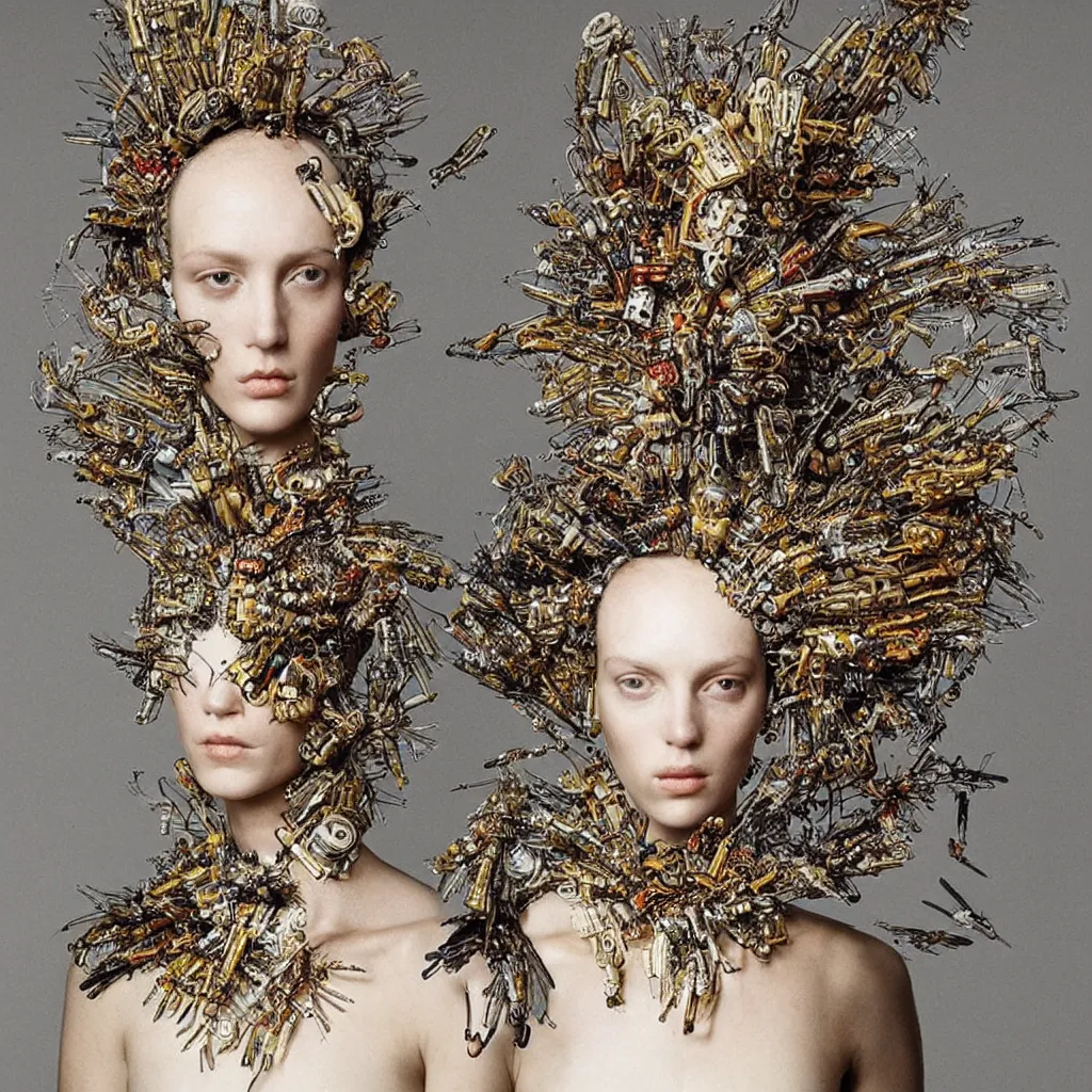 Prompt: a woman with a weird head piece on her head, a flemish Baroque by Alexander McQueen, trending on pinterest, panfuturism, made of paperclips, made of insects, made of feathers,