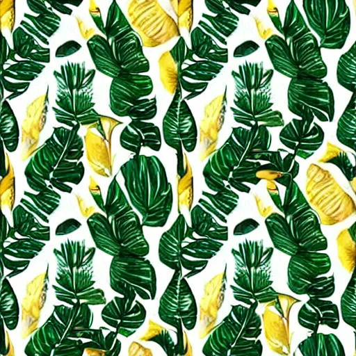 Prompt: repeating pattern seamless. watercolor. tropical palm leaves, warm light, gold and green, hyperrealistic, detailed