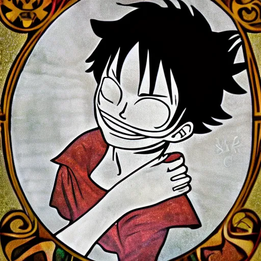 Image similar to monkey d. luffy in the style of alphonse mucha