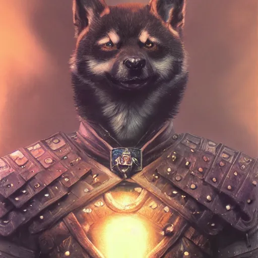 Image similar to wearing witcher 3 black armor, anthropomorphic shiba inu, shiba inu face, stuning 3 d render, masterpiece, glowing aura, by donato giancola and greg rutkowski and wayne barlow and zdzisław beksinski, realistic face