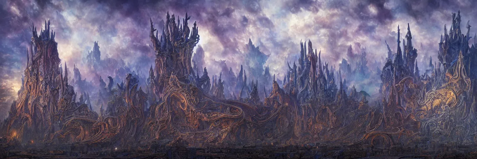 Prompt: dragon skull and antler castle in the beautiful nebular vortex realm, art nouveau architecture, massive ramparts, hyperdetailed infrastructure by greg rutkowski, satoshi kon and rodney matthews, artstation, epic psychedelic atmosphere, clouds, photorealism, complex color scheme, uhd