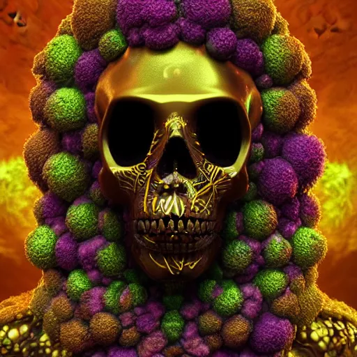 Image similar to a golden skull face african electric shaman with an afro made of flowers, third eye art art by machina infinitum, complexity from simplicity, rendered in octane, mandelbulb 3 d, ambient occlusion, macro photography, felt!!! texture, tribal, retrowave