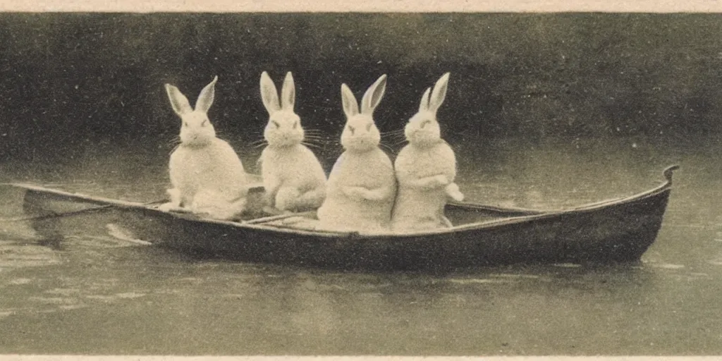 Prompt: a 1 9 1 0 s postcard representing two rabbits in a rowboat