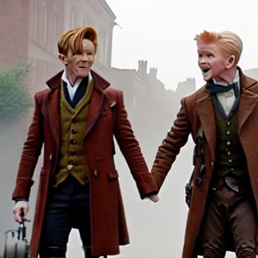 Image similar to newt scamander walking hand in hand with baby groot from guardians of the galaxy, film still from the movie, directed by david yates