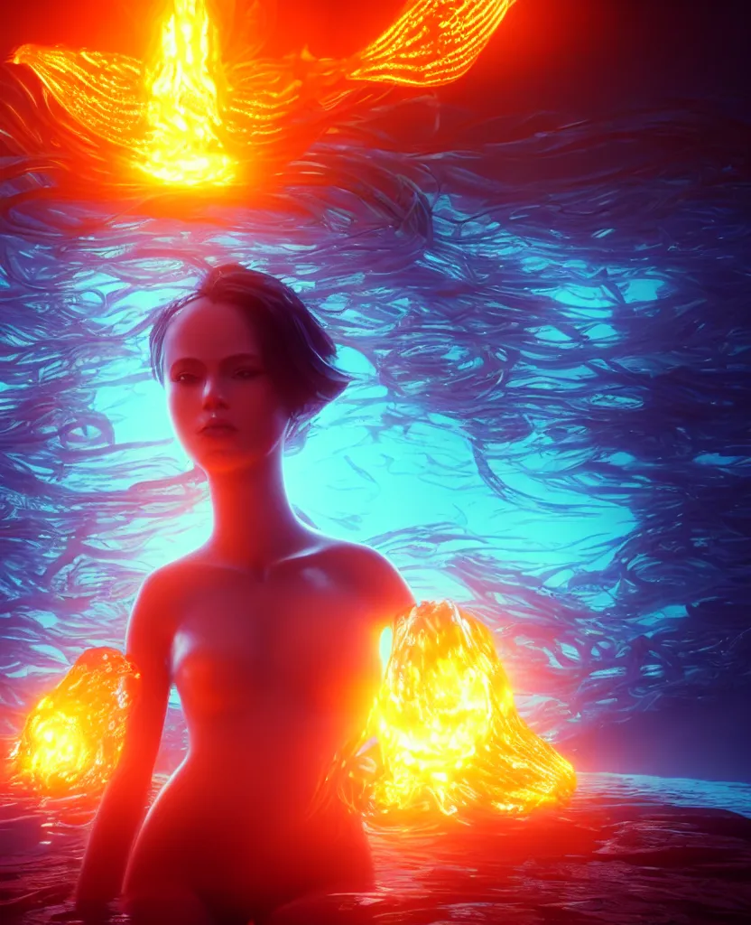 Image similar to close-up portrait of a beautiful girl floating in ethereum surrounded by floating jellyfish, energy flows of fire and water, flashes of plasma, 3d with depth of field, blurred background, a highly detailed epic cinematic concept art CG render. made in Maya, Blender and Photoshop, octane render, excellent composition, cinematic dystopian brutalist atmosphere, dynamic dramatic cinematic lighting, aesthetic, very inspirational, arthouse. y Greg Rutkowski, Ilya Kuvshinov, WLOP, Stanley Artgerm Lau, Ruan Jia and Fenghua Zhong