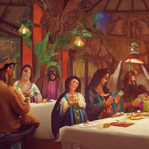 Prompt: the last supper in a mexican restaurant, sombrero, ponchos, in a baroque style, intricate detail, cinematic, 8 k, cel shaded, unreal engine, featured on artstation, pixiv