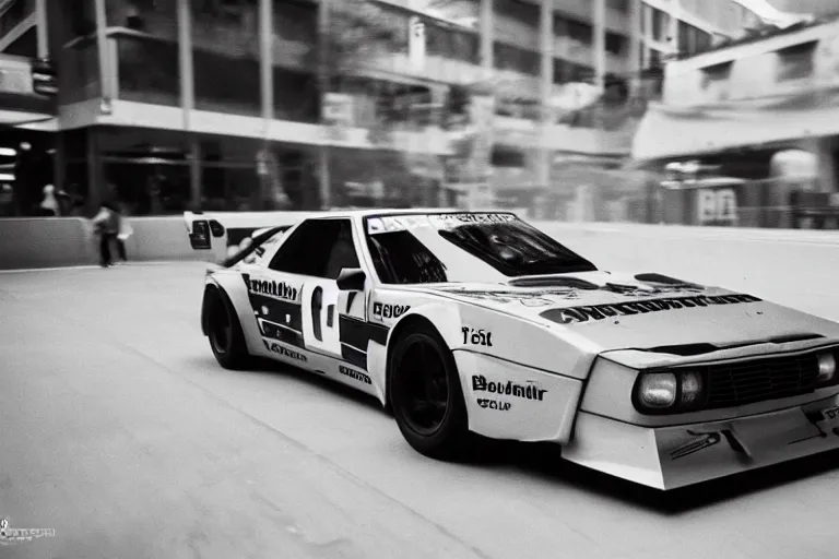 Prompt: single racecar 1 9 7 8 audi quattro, bmw m 1, movie still, vintage footage on tokyo streets, volumetric lighting, f 8 aperture, cinematic eastman 5 3 8 4 film