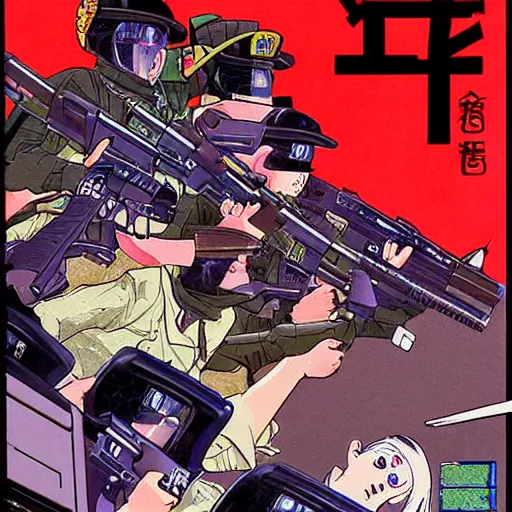 Prompt: 1993 Video Game Cover Art, Anime Neo-tokyo bank robbers fleeing the scene shooting at police, bags of money, Police Shootout, MP5S, Highly Detailed, 8k :4 by Katsuhiro Otomo : 8