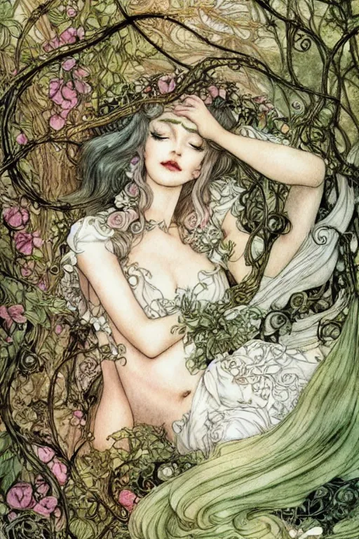 Image similar to detailed sleeping beauty in a rococo bedroom overgrown by vines and flowers, fantasy art, trending on artstation, fairytale, art by luis royo and walter crane and kay nielsen, watercolor illustration,