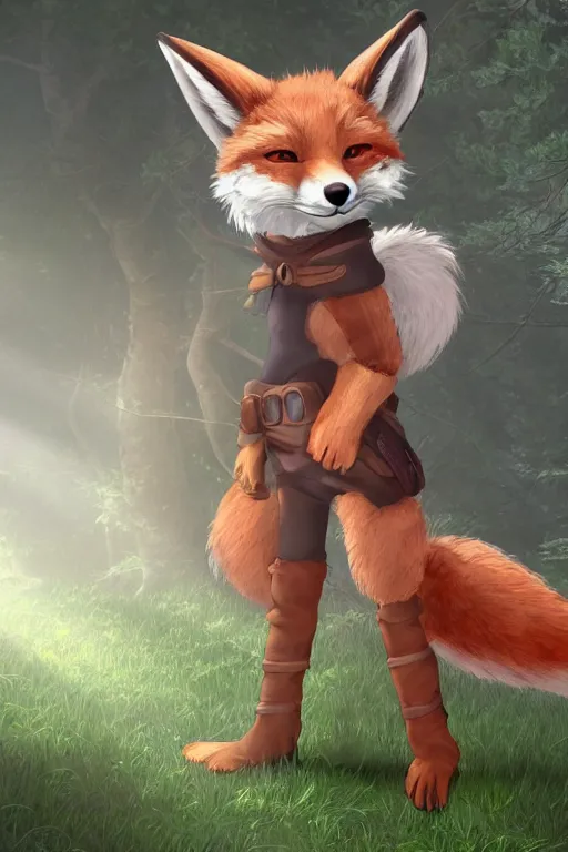 Image similar to a medieval fox furry fursona with a fluffy tail in a forest, backlighting, cgi, rendered in unreal engine, trending on artstation, cartoon