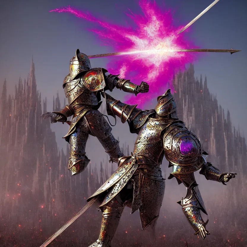 Image similar to hyper realistic matte painting of a medieval fantasy knight in a t - pose exploding into colorful metal shrapnel, octane render by alex grey