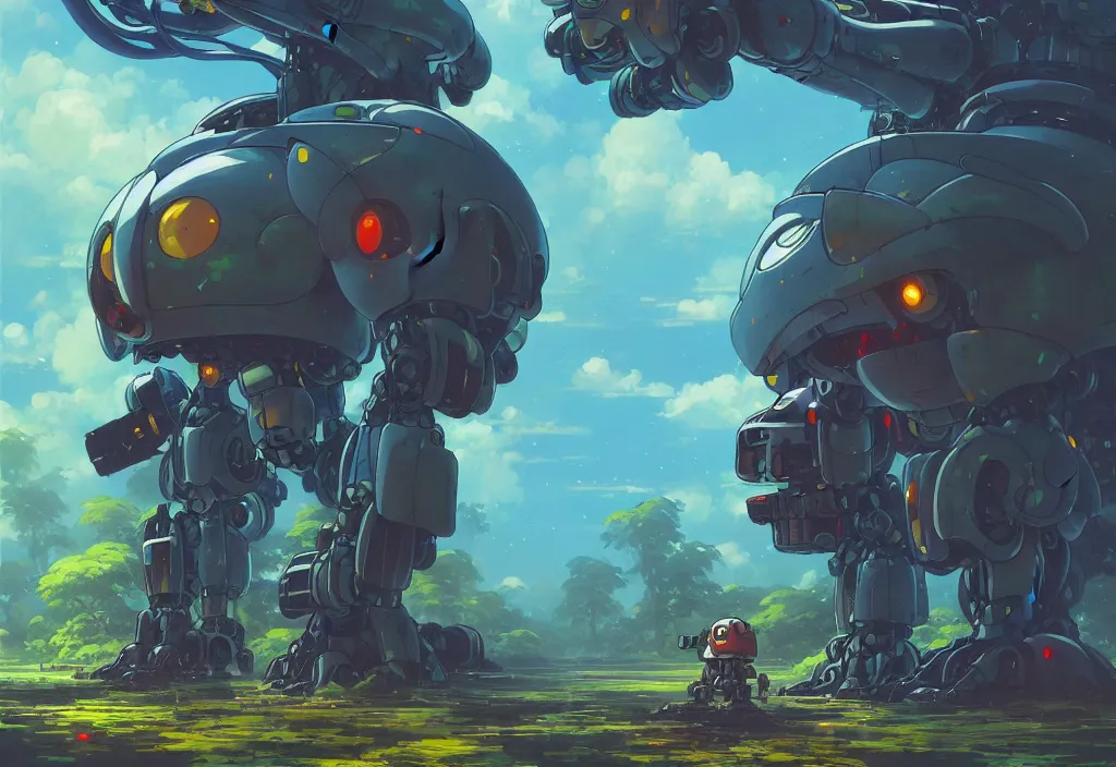 Image similar to a lonely small chubby mecha in an alien jungle, intricate oil painting, high detail illustration, sharp high detail, manga and anime 1 9 9 9, official fanart behance hd artstation by jesper ejsing and makoto shinkai, 4 k,