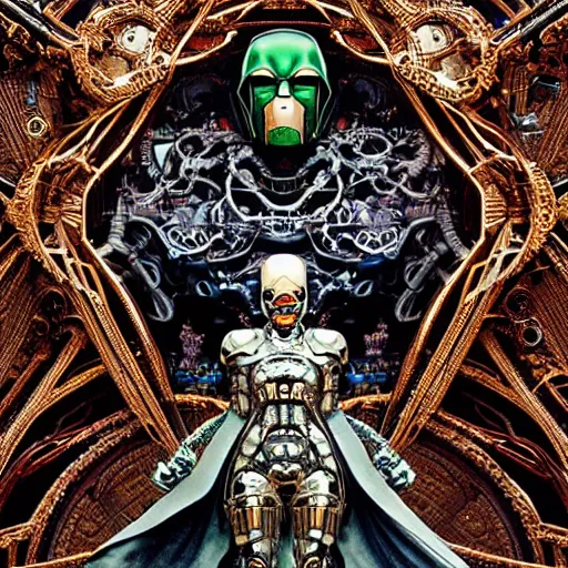 Image similar to symmetric frame of dr doom from Prometheus movie, cyborg dr doom in ornate armour, byguo pei and alexander mcqueen metal couture editorial, eldritch epic monumental attack by beksinski by Yuko Shimizu