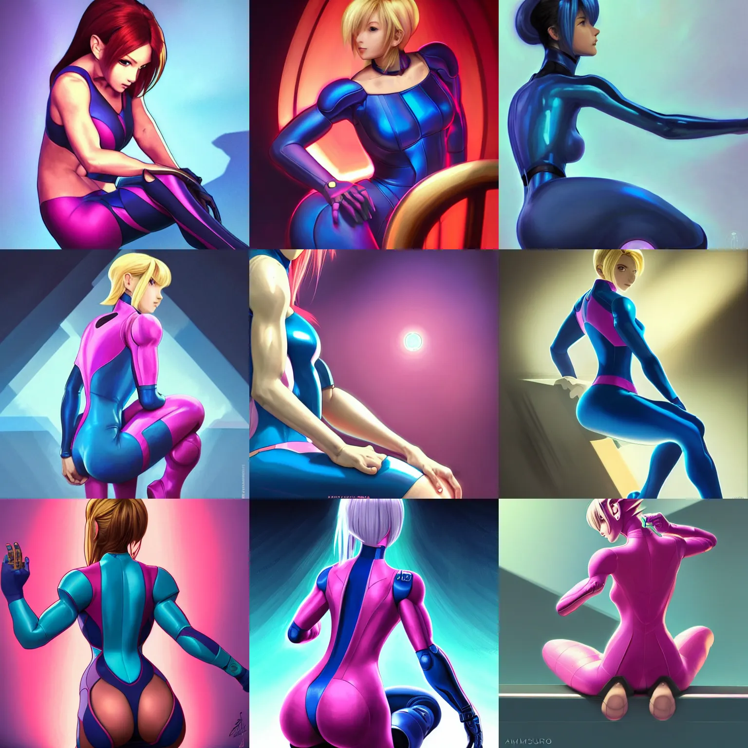 Prompt: striking character concept portrait, samus aran, sitting with wrists behind back, blue and pink zero suit, curvaceous. rear view. detailed, elegant, high quality, dark lighting, very high contrast with dark background, fantasy, reflective, spotlight. digital artwork by artgerm and wlop and alex ross and pixar and alphonse mucha, trending on artstation