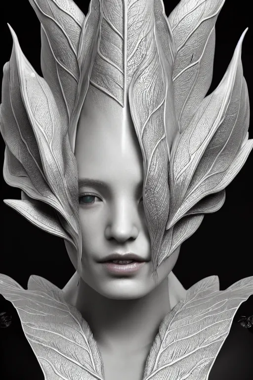 Image similar to bw close - up profile face, black background, beautiful young porcelain vegetal - dragon - cyborg - female, 1 5 0 mm, beautiful natural soft rim light, silver gold details, magnolia leaves and stems, roots, mandelbot fractal, elegant, ultra detailed, white metallic armour, octane render, h. r. giger style