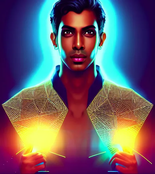 Image similar to symmetry!! indian prince of technology, solid cube of light, hard edges, product render retro - futuristic poster scifi, lasers and neon circuits, brown skin handsome indian prince, intricate, elegant, highly detailed, digital painting, artstation, concept art, smooth, sharp focus, illustration, dreamlike, art by artgerm