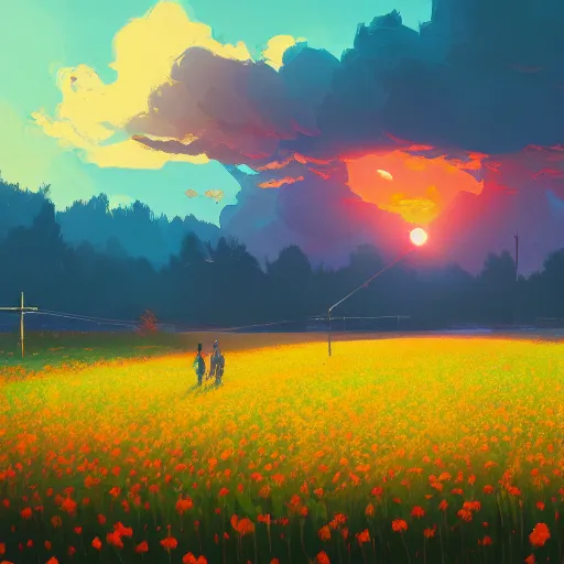 Image similar to who cared, flower field, beautiful sunset on a summer day light, impressionist painting, colorful clouds, blue sky, digital painting, artstation, simon stalenhag