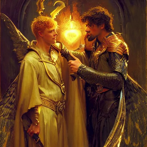 Image similar to attractive arthur pendragon with attractive male merlin the mage. they are in love. highly detailed painting by gaston bussiere, craig mullins, j. c. leyendecker