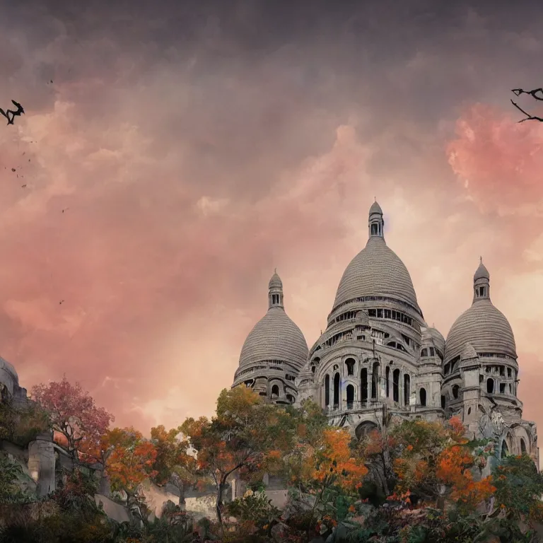 Prompt: abandoned Basilica of Sacré Coeur de Montmartre, toxic orange and pink clouds strain the sunlight, stark contrasting lighting, contrejour, a two-headed mutated deer-like creature looks on in the distance from the sparse twisted silhouetted foliage, a highly detailed colorful matte painting by Ian McQue and Andreas Rocha, featured on Artstation, Unreal Render, 8k HDR, fisheye