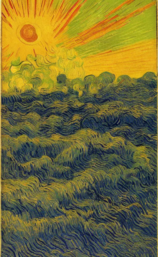 Prompt: paperback book cover by van gogh. 1 9 5 0 s. pure colors, melting clouds, accurately drawn details, a sunburst above a receding road with the light reflected in furrows and ruts, after rain. photorealistic. octane render. cinematic. trending on artstation. textless.