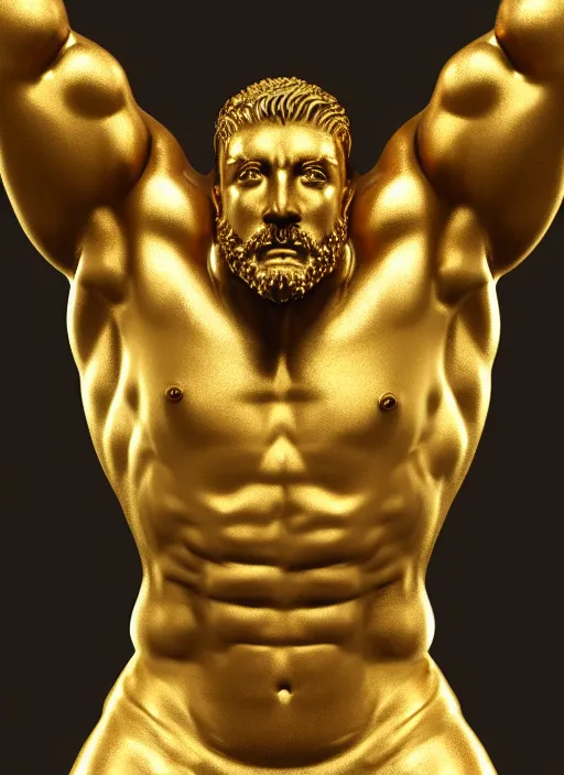 Image similar to stylized gold and black statue made of marble of hercules, perfect symmetrical body, perfect symmetrical face, hyper realistic, hyper detailed, by johannen voss, by michelangelo, octane render, blender, 8 k