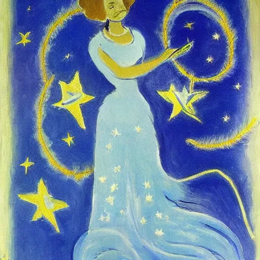 Prompt: The conceptual art features a woman with wings made of stars, surrounded by a blue and white night sky. The woman is holding a staff in one hand, and a star in the other. She is wearing a billowing white dress, and her hair is blowing in the wind. aboriginal art by Henri Matisse ghostly