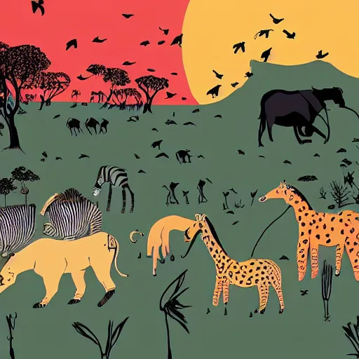 Image similar to quentin blake, mcbess illustration of a safari at sunset