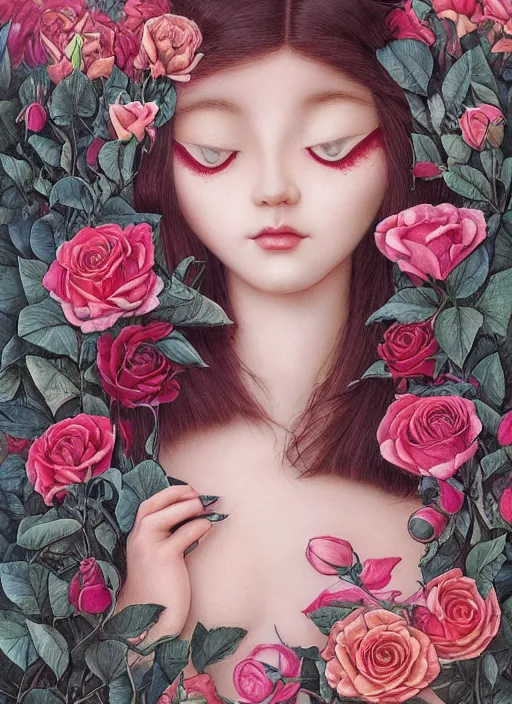 Image similar to sofia vargerra, cat eye, botanical, rose, portrait face, colorful, kupka, intricate, miles johnston, kuroda seiki, ozabu, godward, painterly, yoshitaka amano, moebius, miles johnston, louise zhang, james jean, mark ryden lowbrow pop surrealism art style