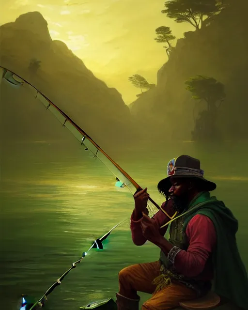 Image similar to fisherman, male, Jamaican, wide angle, yellows blacks greens reds, magical fishing rod weapon, D&D, fantasy, intricate, elegant, highly detailed, digital painting, artstation, octane render, concept art, matte, sharp focus, illustration, hearthstone, art by Artgerm and Greg Rutkowski and Alphonse Mucha