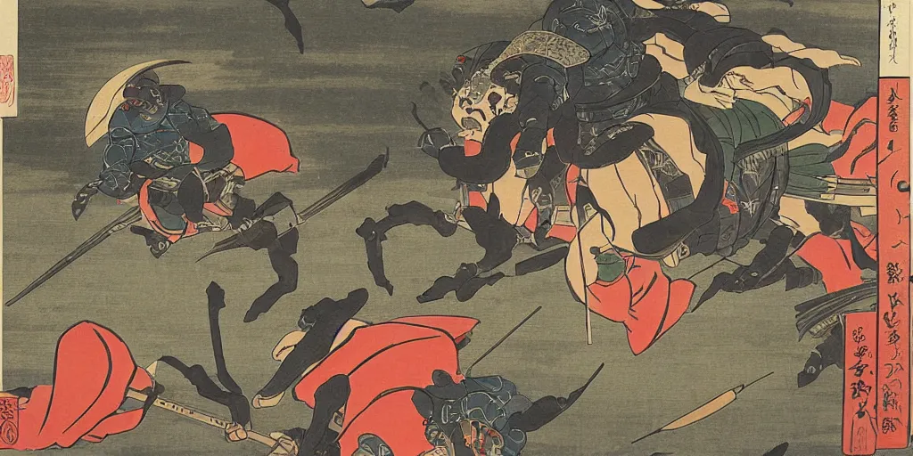 Image similar to mixed ukiyo - e style and italian futurism sytle painting of heavily armored samurai fighting in fierce battle in a beautiful forest