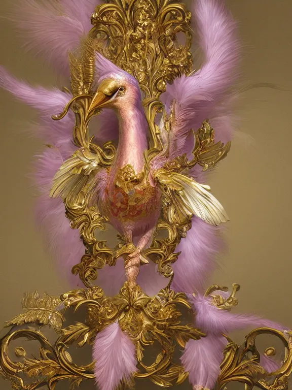 Prompt: a beautiful render of an exotic pale lilac feathered and metallic gold bird with red jewel eyes, surrounded by an elaborate decorative plaster arabesque rococo motif, by Raphael and Antoine Watteau, zbrush, redshift render, 8k, hyperreal